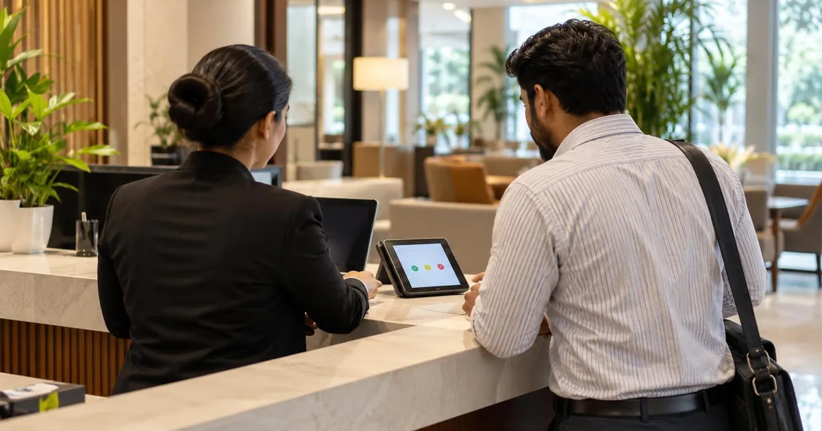 Customer-first culture - staff member helping a customer at a welcoming service desk in an Indian office