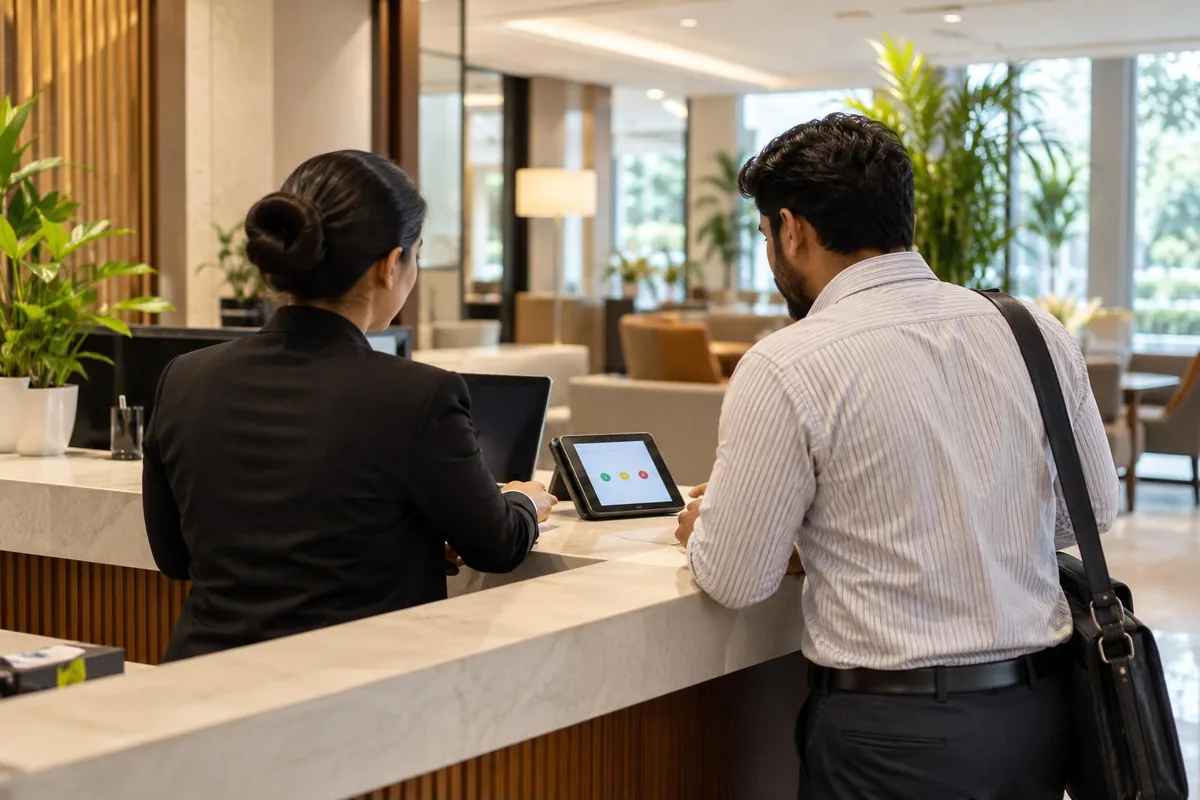 Customer-first culture - staff member helping a customer at a welcoming service desk in an Indian office - key points