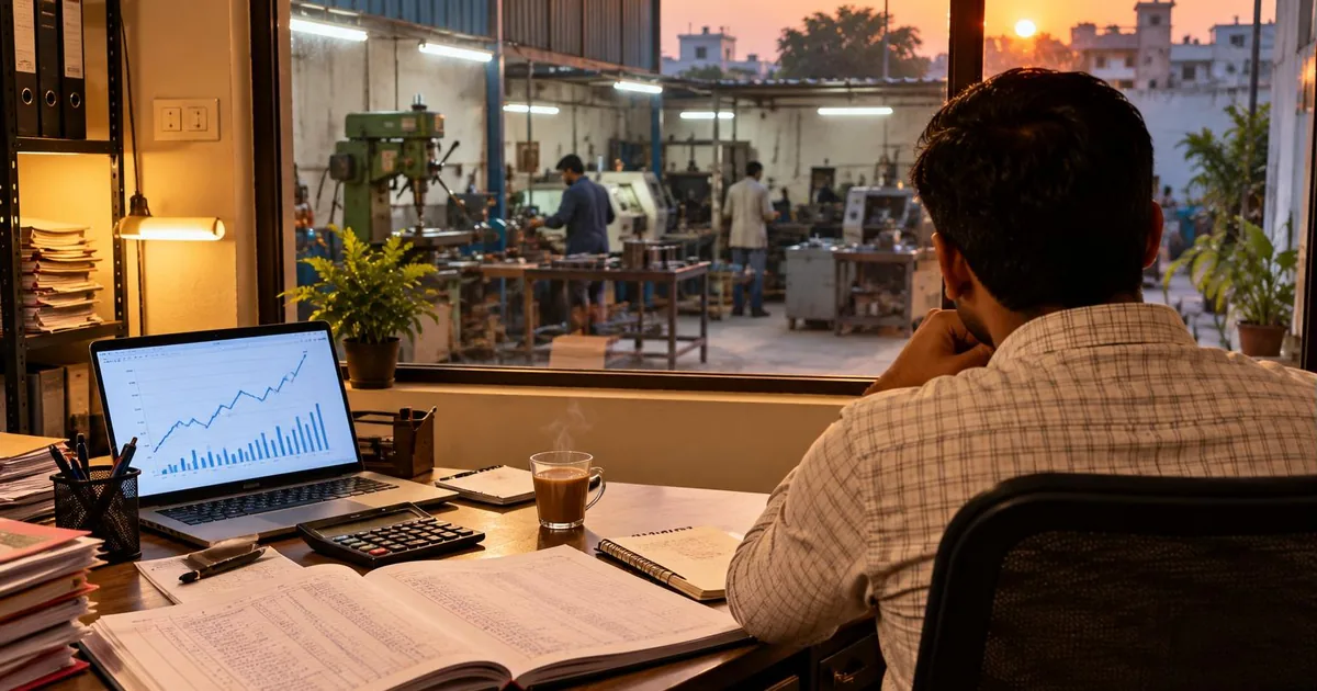 Cash flow discipline - entrepreneur's desk with a cash book, laptop chart and calculator overlooking a small workshop