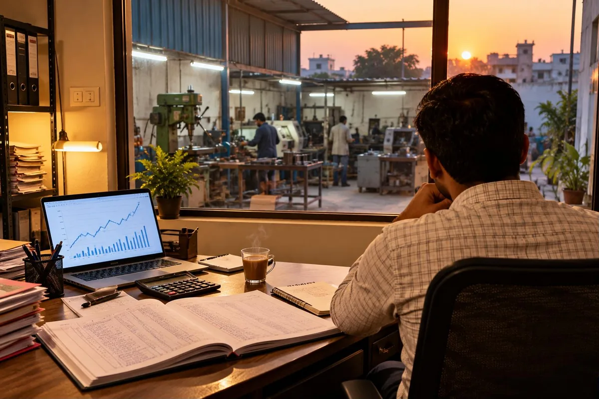 Cash flow discipline - entrepreneur's desk with a cash book, laptop chart and calculator overlooking a small workshop - key points