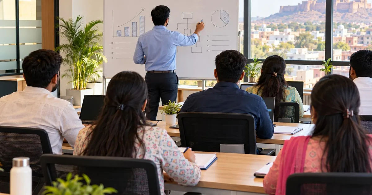 Hiring for attitude - trainer leading an induction session for new employees in a Jaipur office